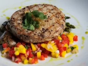 Sushi grade tuna steak with mango salsa